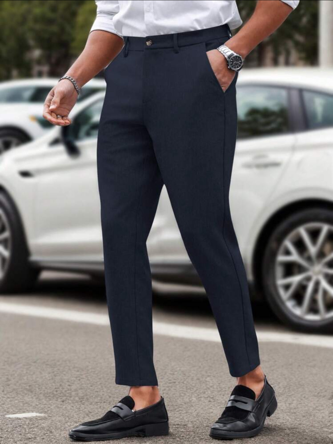 Men solid color straight slim fit suit pants