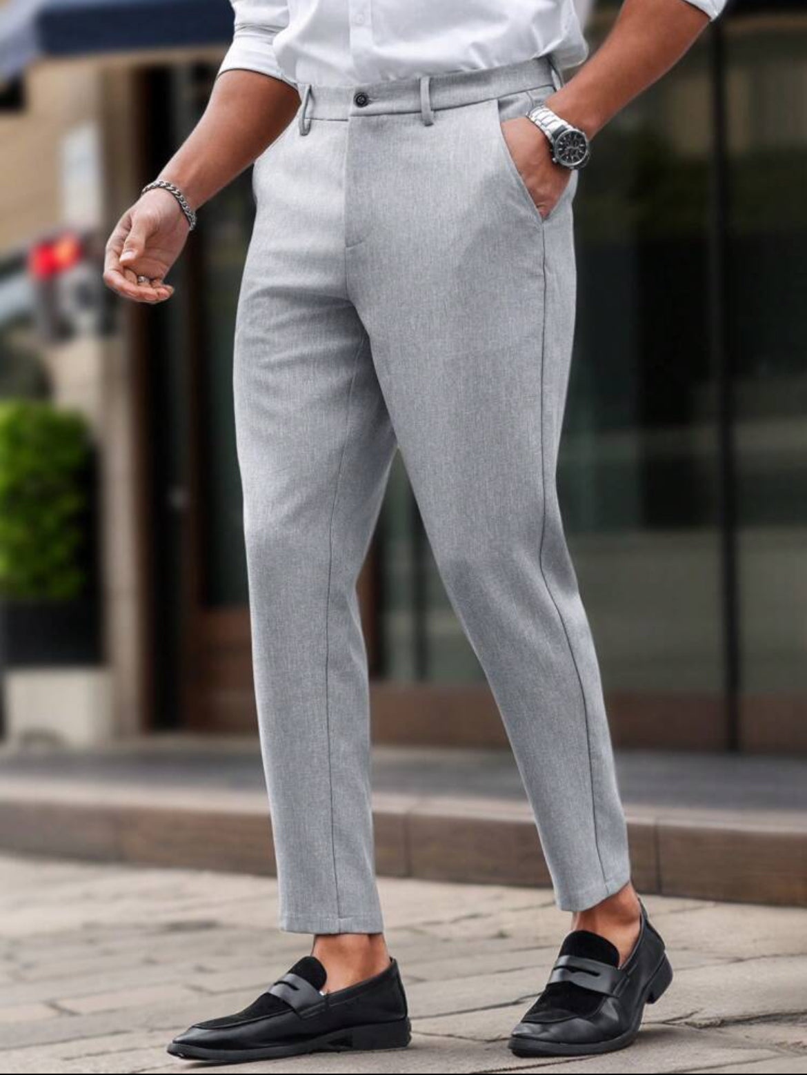 Men solid color straight slim fit suit pants