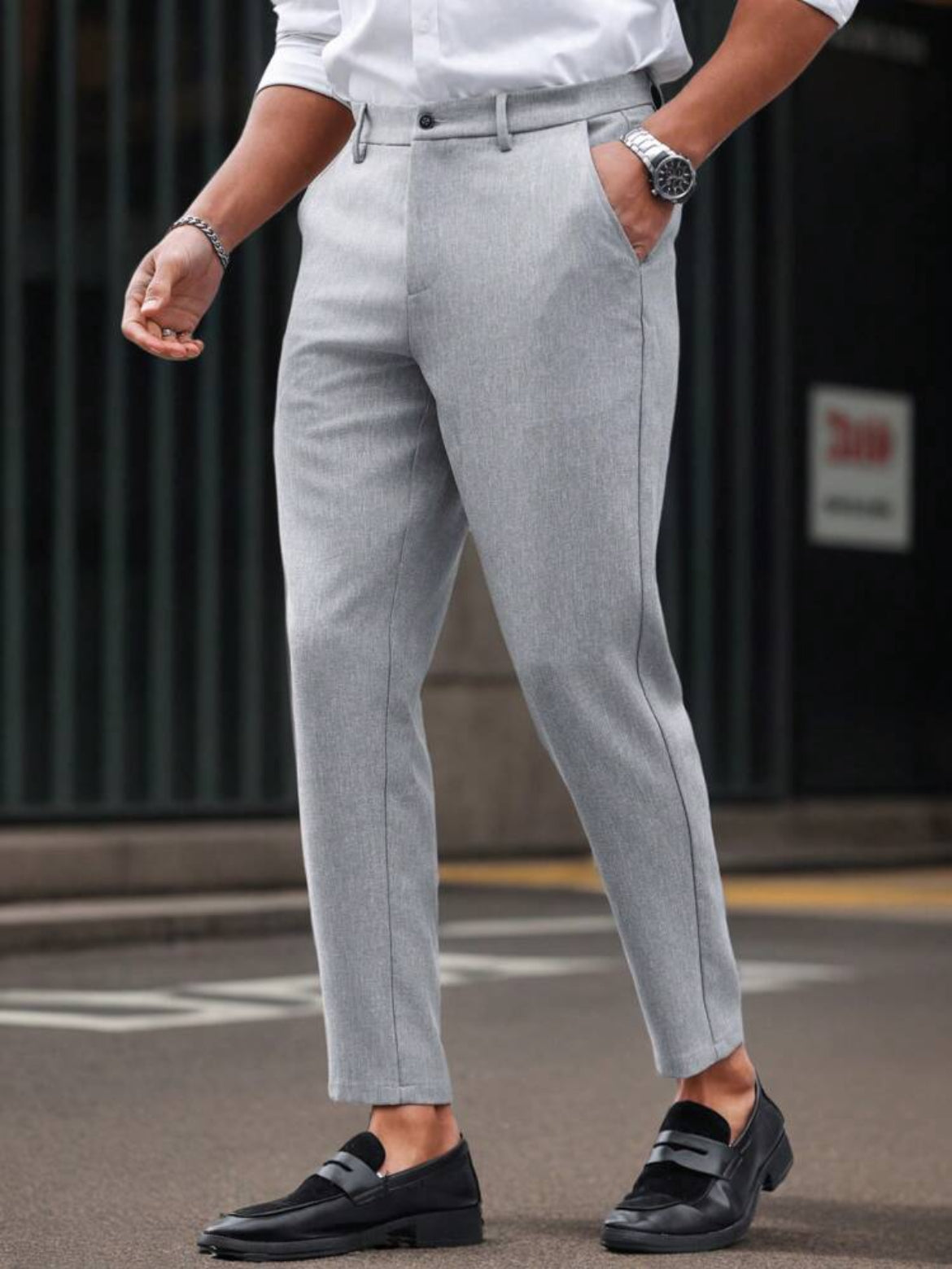 Men solid color straight slim fit suit pants