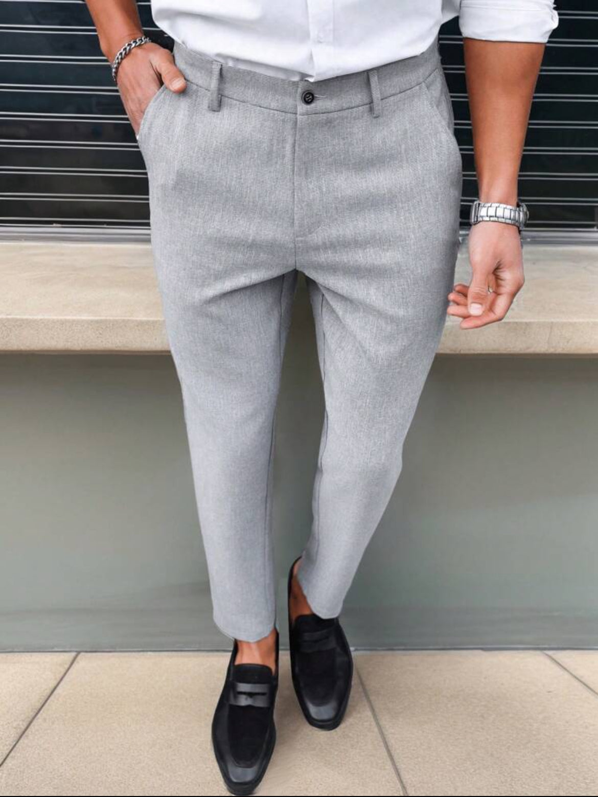 Men solid color straight slim fit suit pants